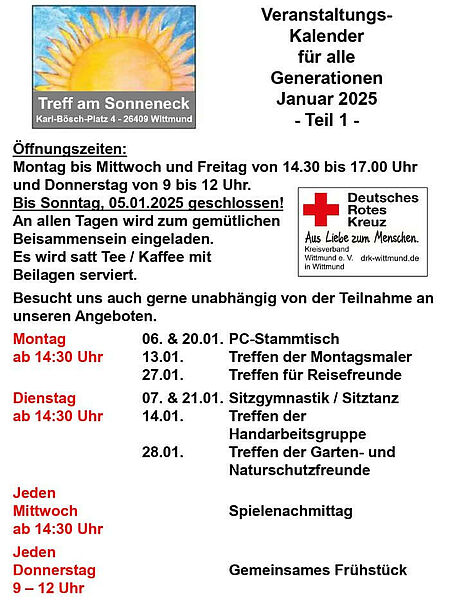 Veranstaltungskalender Treff am Sonneneck Januar 2025