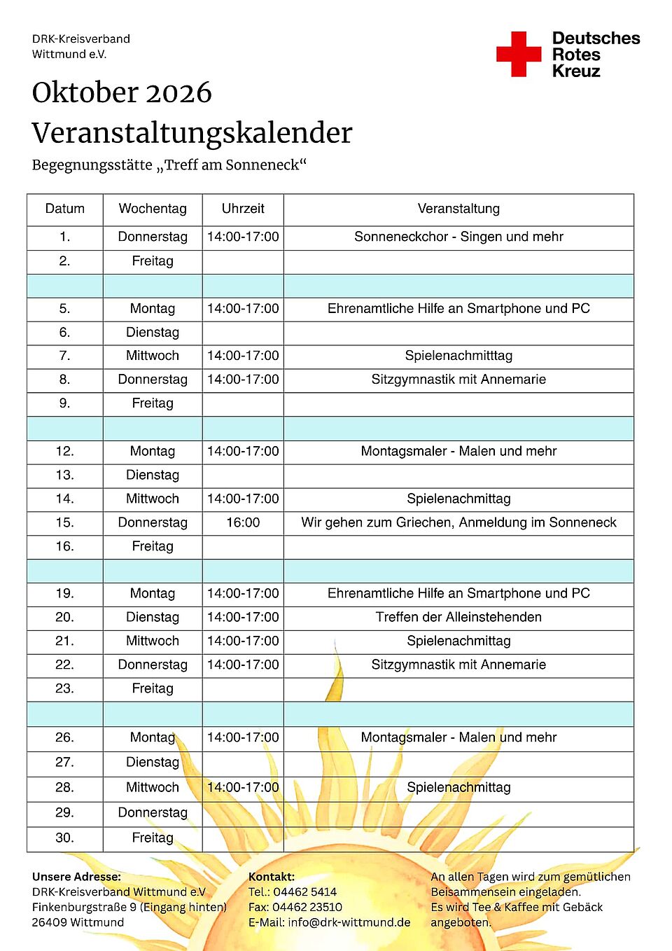 Die Begegnungsstätte „Treff am Sonneneck“ 2026 October Veranstaltungskalender 2026