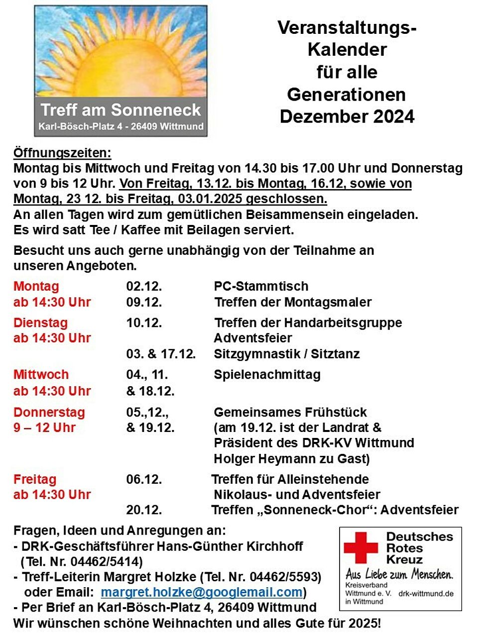 Programmübersicht Treff am Sonneneck für Dezember 2024