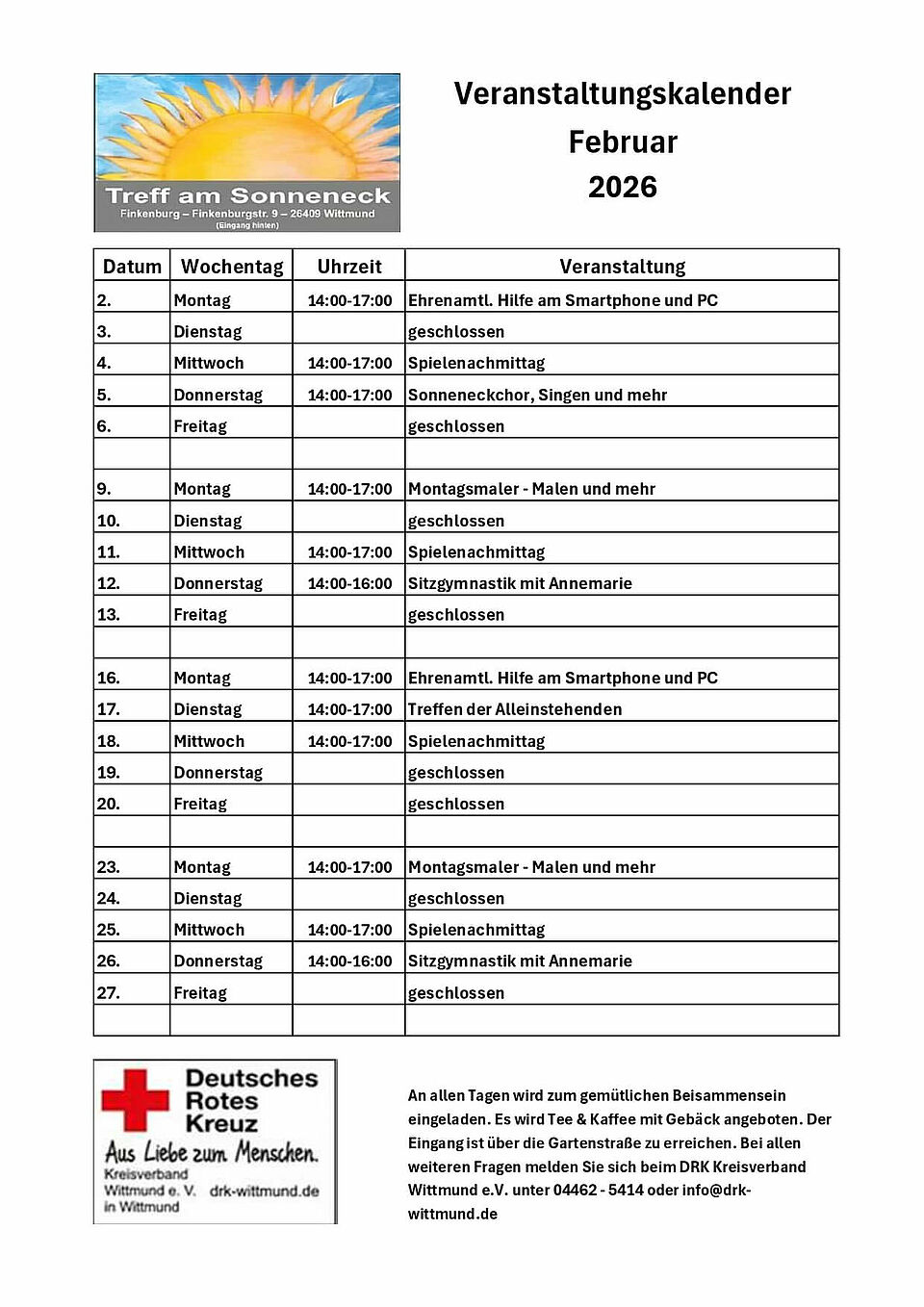 Veranstaltungskalender Veranstaltungskalender Treff am Sonneneck Februar 2026